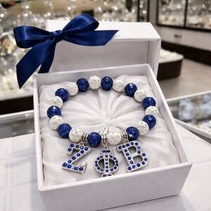 Zeta Phi Beta Bracelet Blue and White Beaded‎ rhinestone with Logo